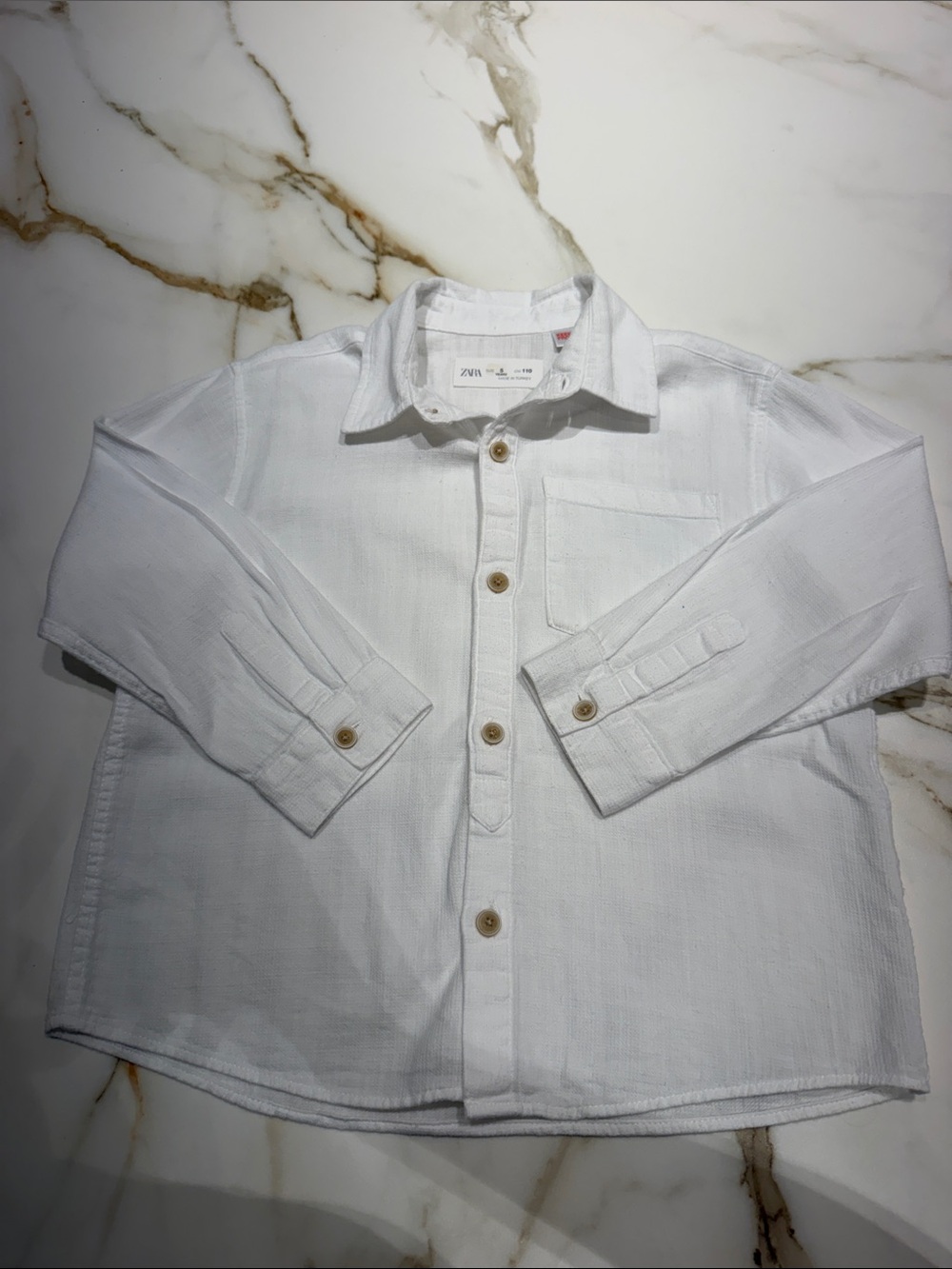 Zara Kids White Long-Sleeve Button-Down Shirt with Chest Pocket 5yr